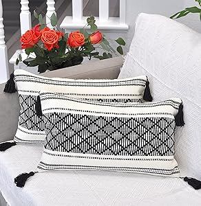 Boho Decorative Lumbar Pillow Covers with Tassels Black and White 12x20 inch -Set of 2 / Small Re... | Amazon (US)