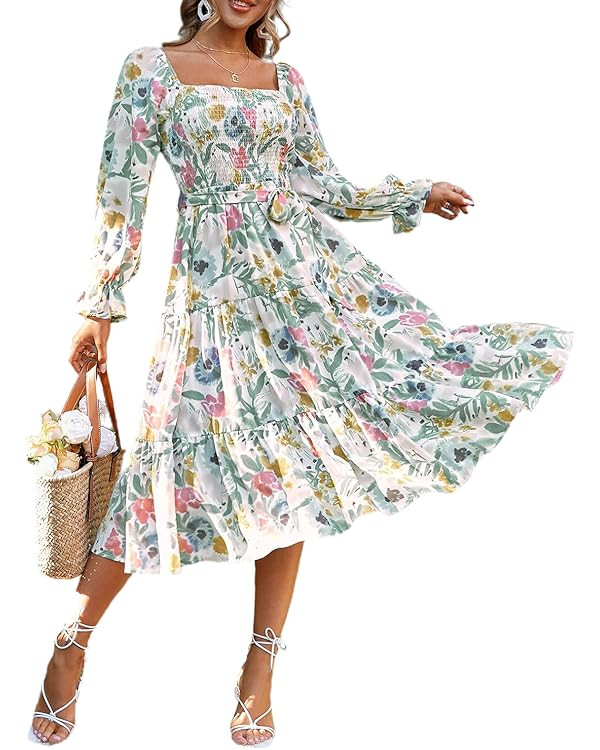Amegoya Women's Boho Flowy Long Sleeve Square Neck Floral Midi Dress Smocked Spring Fall Wedding ... | Amazon (US)