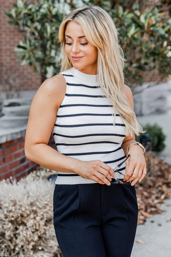 Something Sweet Black And White Striped Mock Neck Sweater Tank SALE | Pink Lily
