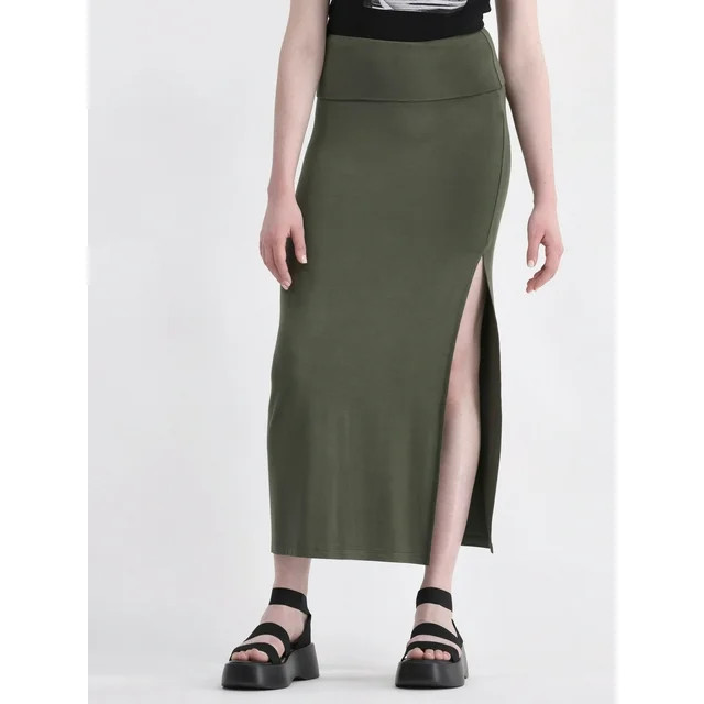 No Boundaries Knit Foldover Slit Maxi Skirt, Women's and Women’s Plus | Walmart (US)