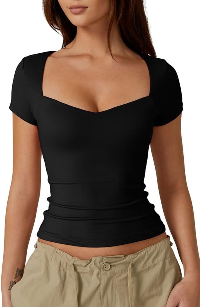 QINSEN Woman's Slimming Fit Crop Tops Sweetheart Neck Short Sleeve Summer T Shirt Black M | Amazon (US)