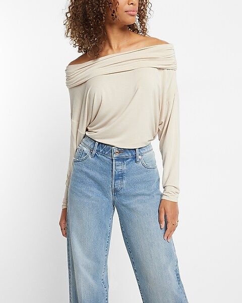 Off The Shoulder Dolman Sleeve Ruched Overlay Top | Express