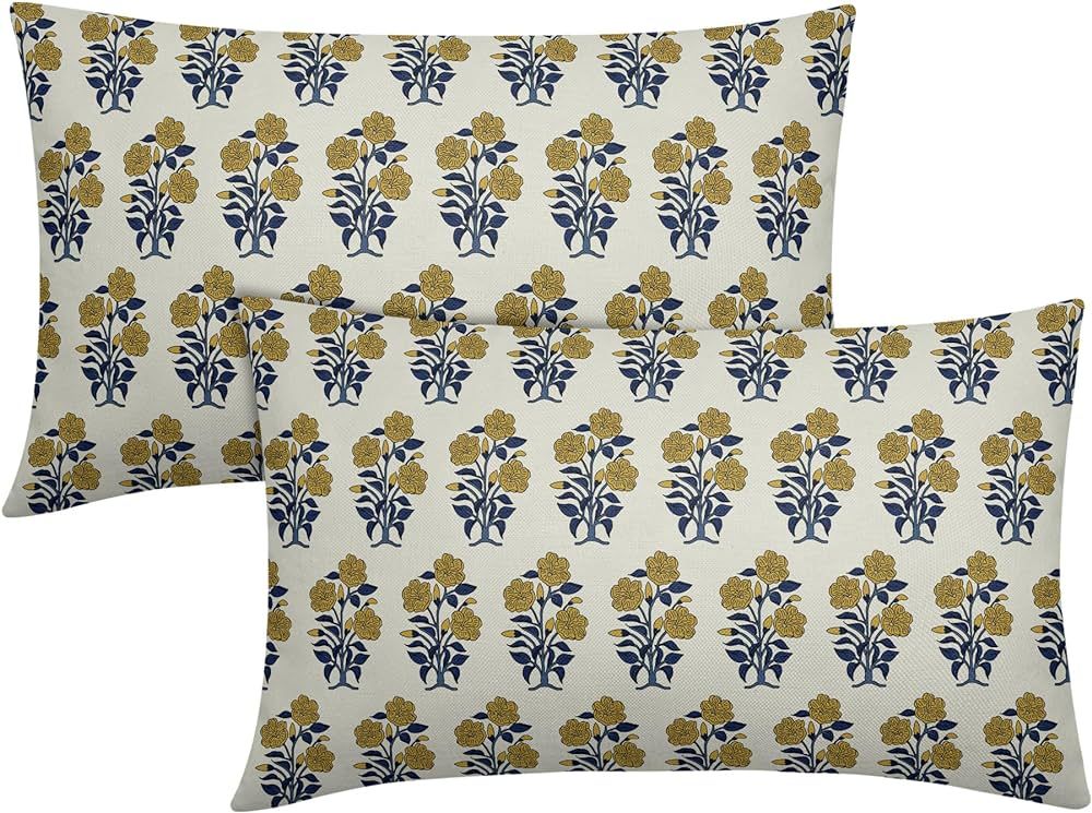 Navy Blue Yellow Floral Block Print Lumbar Pillow Covers 12x20 Set of 2 Chinoiserie Flower Leaves... | Amazon (US)