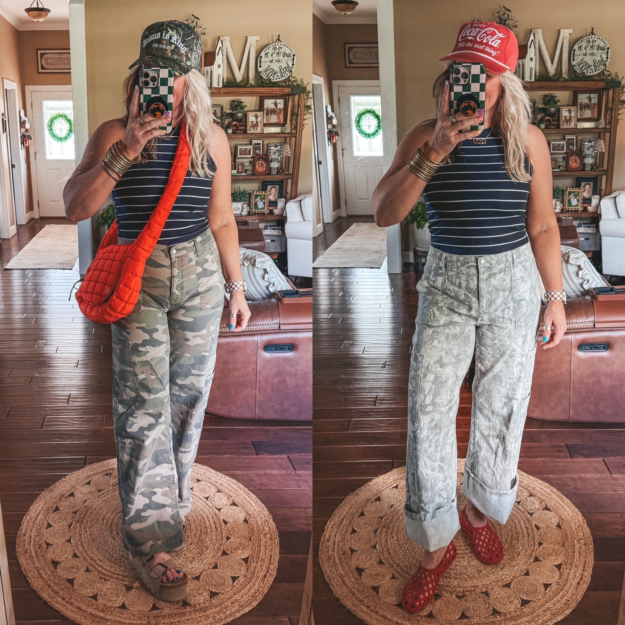 These Walmart camo pants I’ve had and I still love them! The fit is the best! This tank is really good, love the fit of it too. Comes in a lot of colors. 
I’m in a size 8/M in everything 
