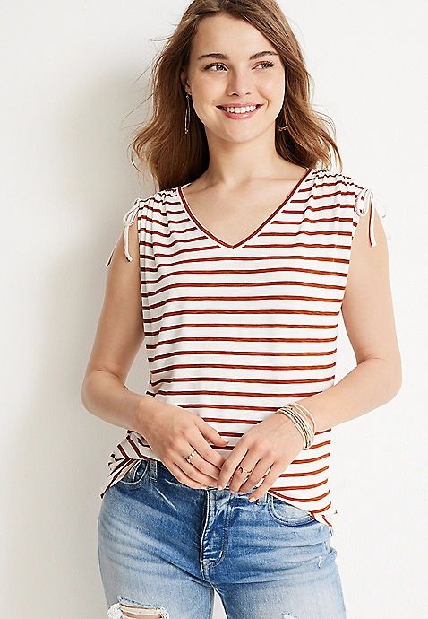 Striped Cinched V Neck Tee | Maurices