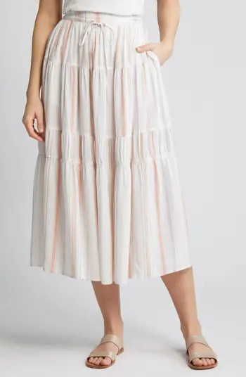 Caslon® Stripe Tiered Linen Blend Midi Skirt | Nordstrom | Nordstrom
