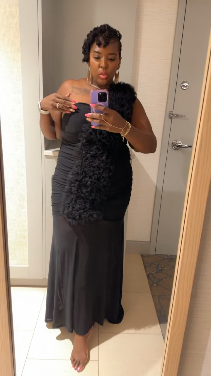 SHEIN Belle Plus Size Women's Exaggerated Layered Ruffles With Scalloped Lace Edges And Pleated Detail Party Evening Dress. I’m wearing a size 3XL and could have sized down as it is very stretchy. 

#LTKFindsUnder50 #LTKWedding #LTKPlusSize