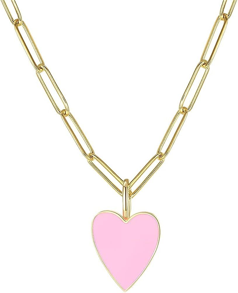 Heart Necklace for Women Girls,Preppy Jewelry Dainty Paperclip Chain Necklace for Women,Cute Pink... | Amazon (US)