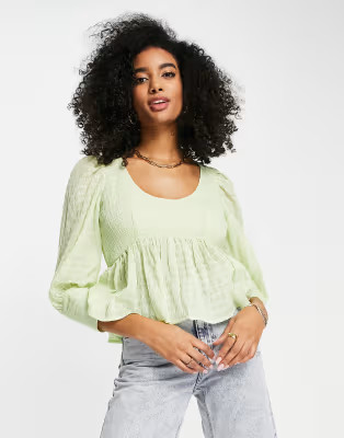 ASOS DESIGN shirred peplum top with deep cuff in sage green | ASOS (Global)