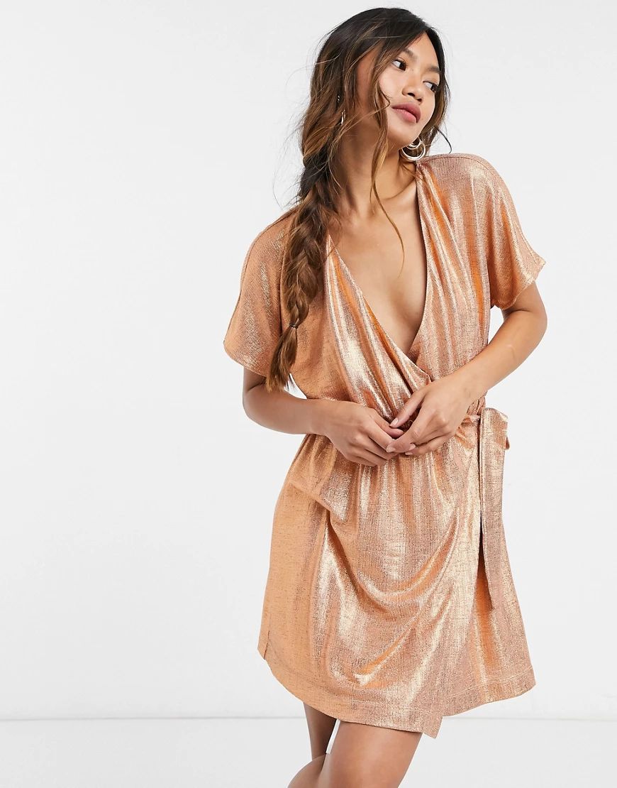 Elvi metallic mini wrap dress in bronze-Gold | ASOS (Global)