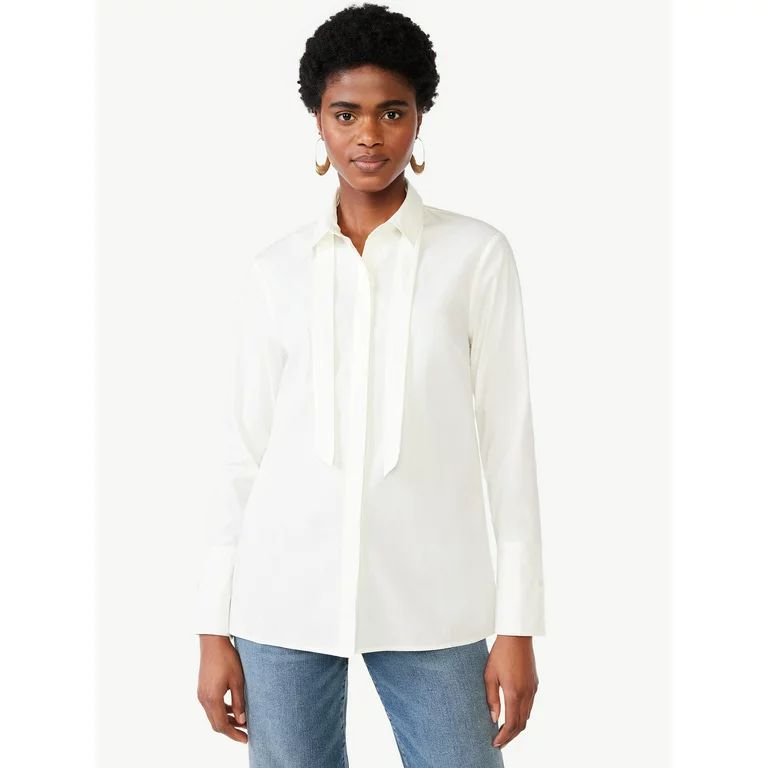 Scoop Women's Tie Neck Button Front Poplin Tunic Shirt with Long Sleeves, Sizes XS-XXL | Walmart (US)