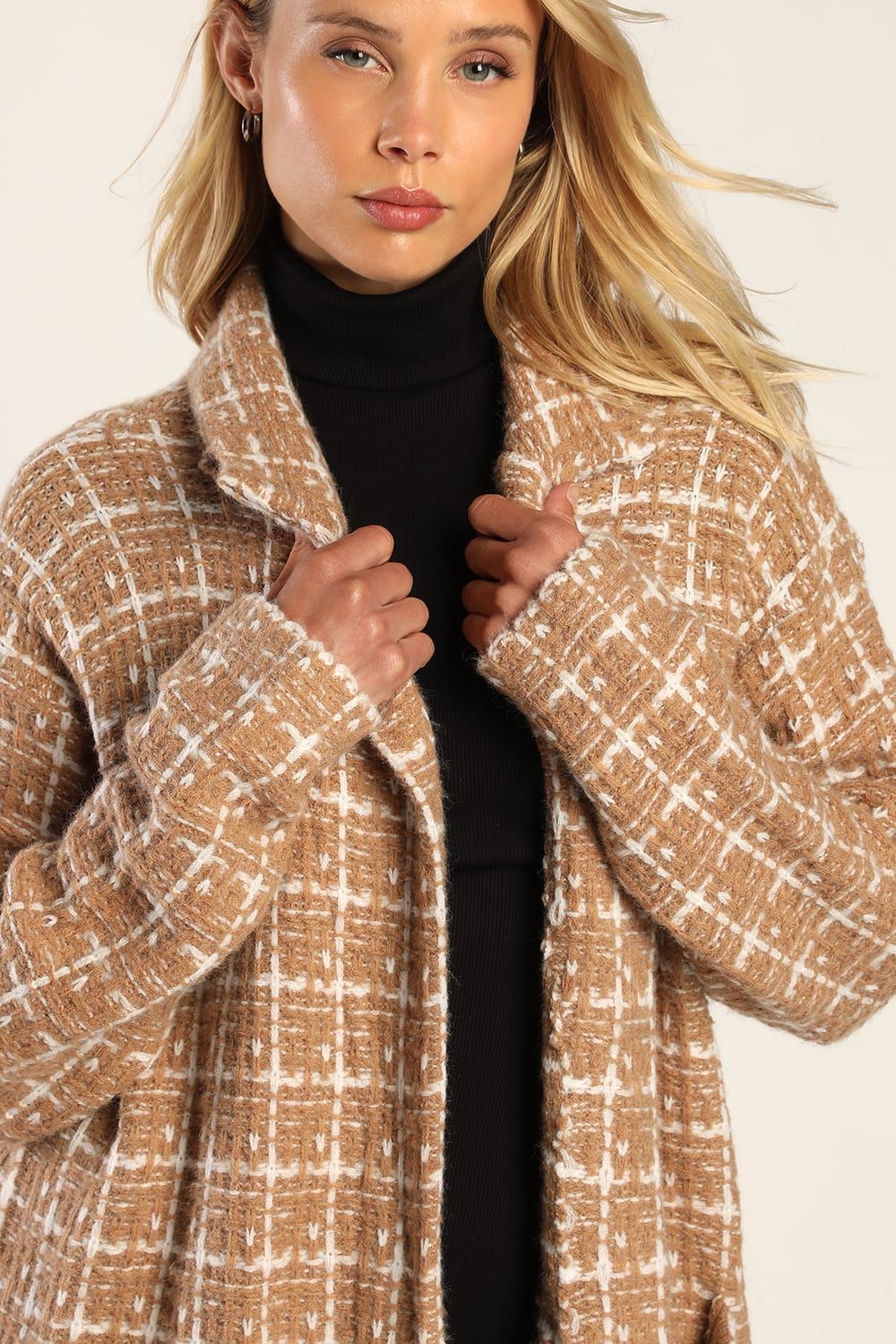 Cozy Conditions Tan and White Knit Plaid Coatigan | Lulus (US)