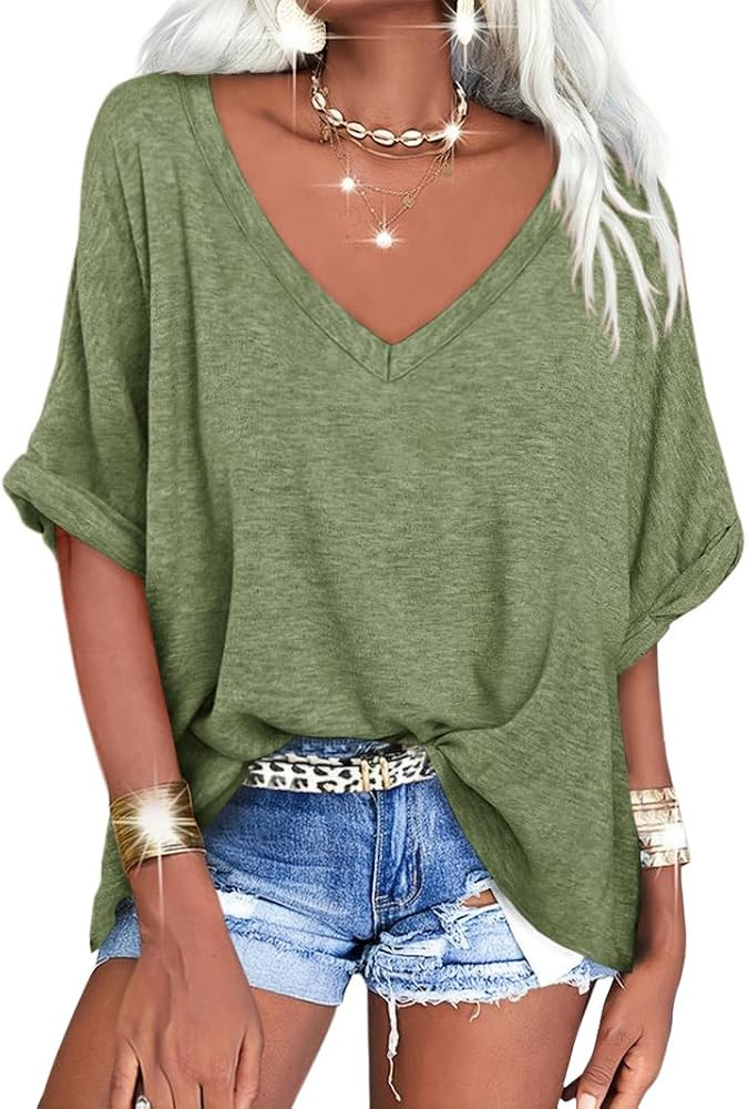 Langwyqu Women's Oversized T Shirts V Neck Short Sleeve Summer Casual Loose Tops Tees | Amazon (US)