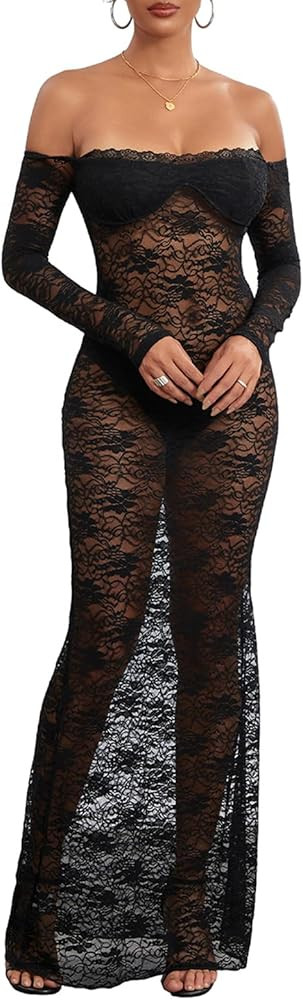 Women's Off The Shoulder Bodycon Lace Maxi Dress Sexy Long Sleeve Floral Sheer Long Dress Beach W... | Amazon (US)