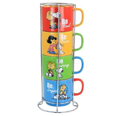 Gibson Peanuts Classic Gentle Reminders Collection 4 Piece Stoneware Stackable Mug Set with Metal Stand in Assorted Colors | Target