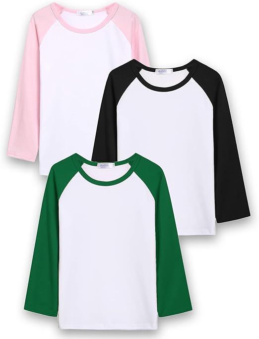 Arshiner Boys Girls Long Sleeve Shirt 3 Pack Raglan Shirt Baseball Tee Cotton T-Shirt | Amazon (US)