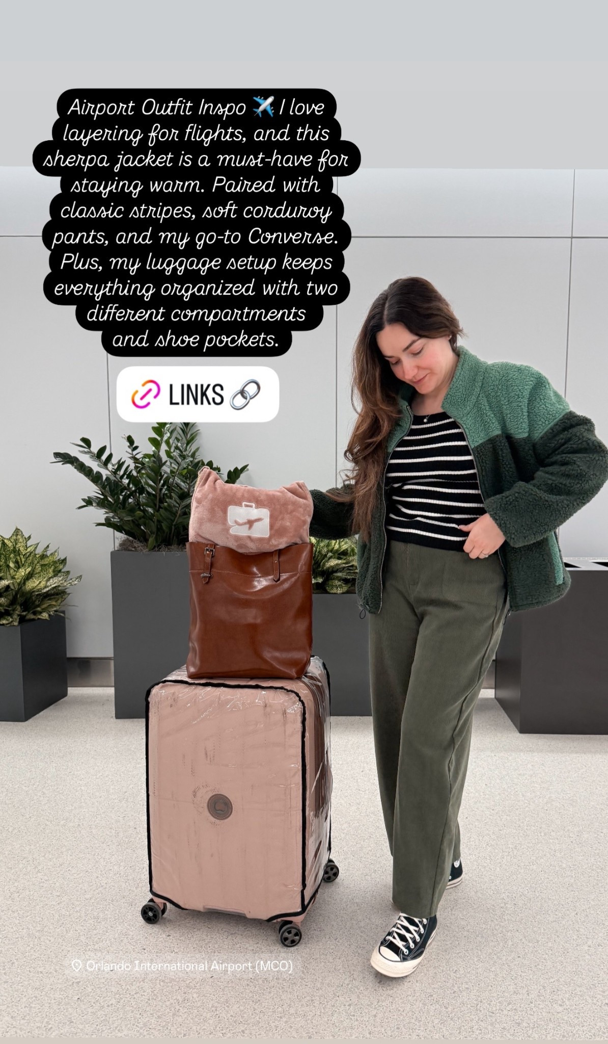 Airport Outfit Inspo ✈️ I love layering for flights, and this sherpa jacket is a must-have for staying warm. Paired with classic stripes, soft corduroy pants, and my go-to Converse. Plus, my luggage setup keeps everything organized and travel-ready!

#LTKSeasonal #LTKItBag #LTKTravel