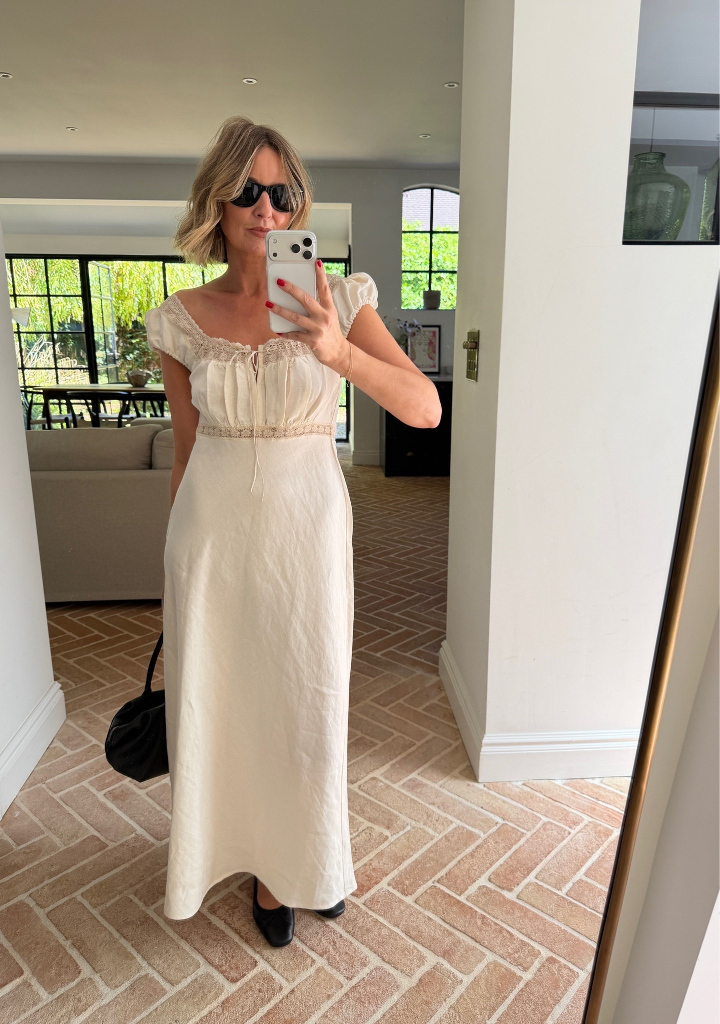 cream linen maxi dress, milkmaid dress, puff sleeve dress, empire waist dress, tie front dress, crochet trim dress, off shoulder neckline, cottagecore style, romantic summer dress, vacation dress, resort wear, black ballet flats, black shoulder bag, black cat eye sunglasses, gold bracelet, mirror selfie ootd, effortless summer style, elevated basics, quiet luxury, neutral color palette, ltkstyletip, ltkseasonal, ltksummer, ltkfindsunder100, ltkbeauty, ltkitbag

#LTKdresses #LTKpartywear #LTKeurope