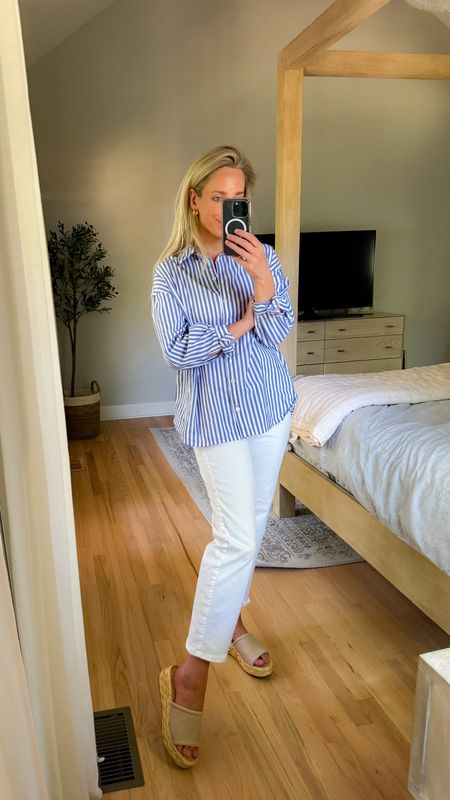 Love this lilly pulitzer blouse button down short button downs blue stripe shirt blouses workwear causal outfit mom outfit mom style office outfits elegant quiet luxury white jeans preppy outfit preppy style

#LTKOver40 #LTKWorkwear #LTKFindsUnder100