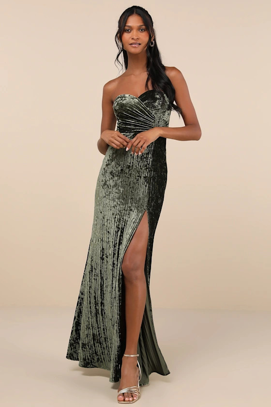 Classy Sensation Olive Velvet Pleated Strapless Maxi Dress | Lulus