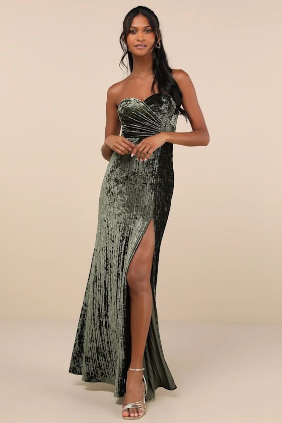 Olive Velvet Pleated Strapless Maxi Dress | Green Wedding Guest Dress Green | Lulus