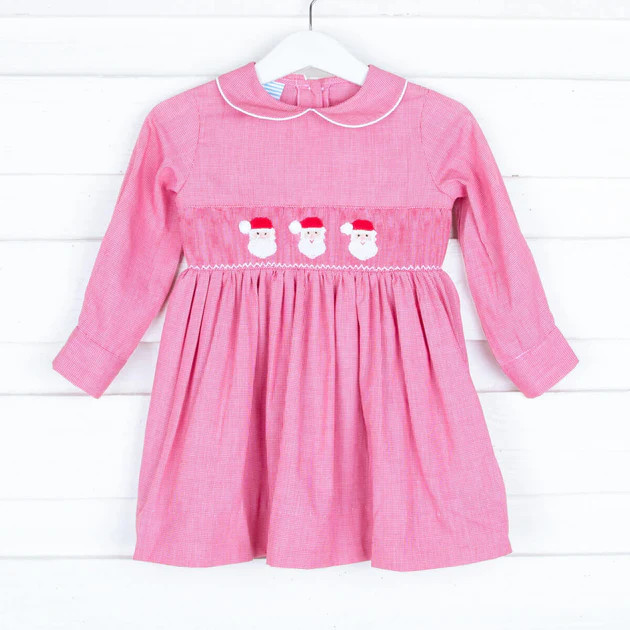Smocked Santa Long Sleeve Red Gingham Collared Dress | Classic Whimsy