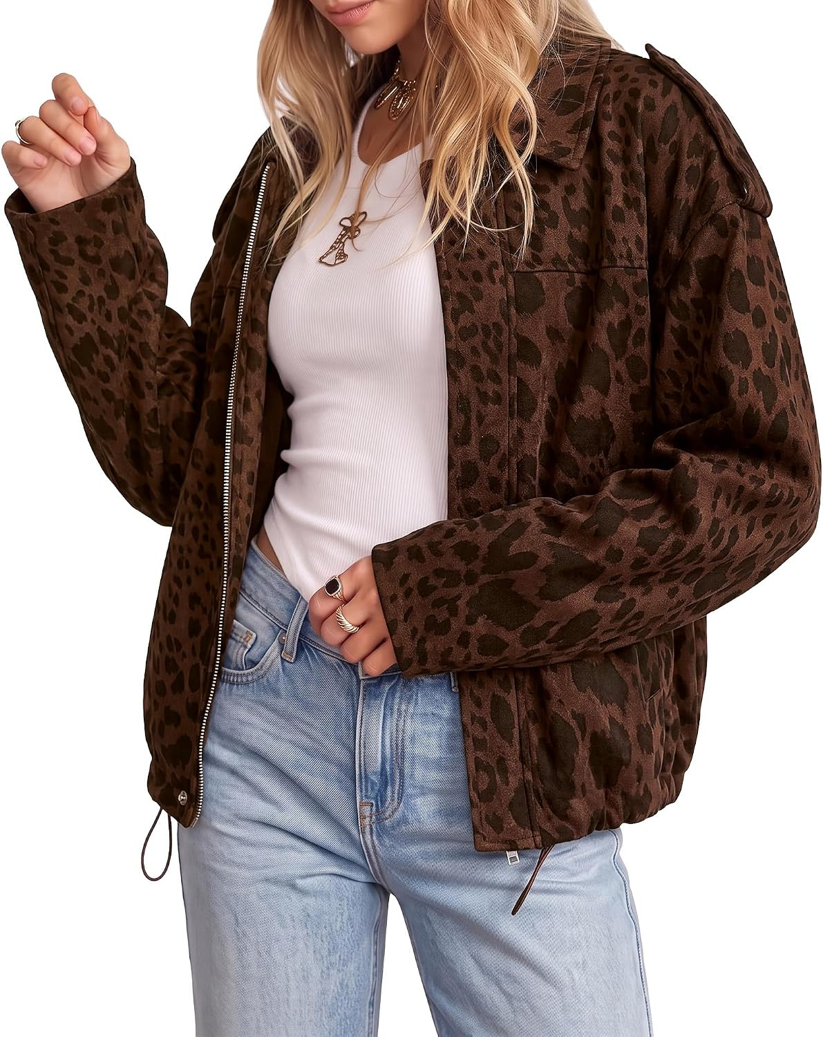 luvamia Faux Suede Leopard Jackets for Women Oversized Zip Up Bomber Coats | Amazon (US)