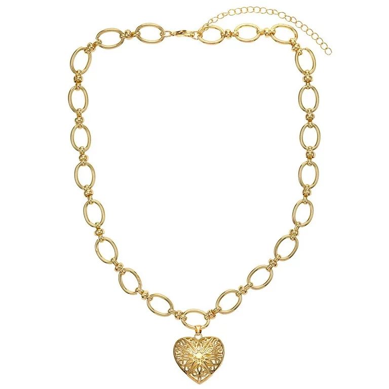 Time and Tru Women's Gold Tone Filigree Heart Statement Necklace | Walmart (US)