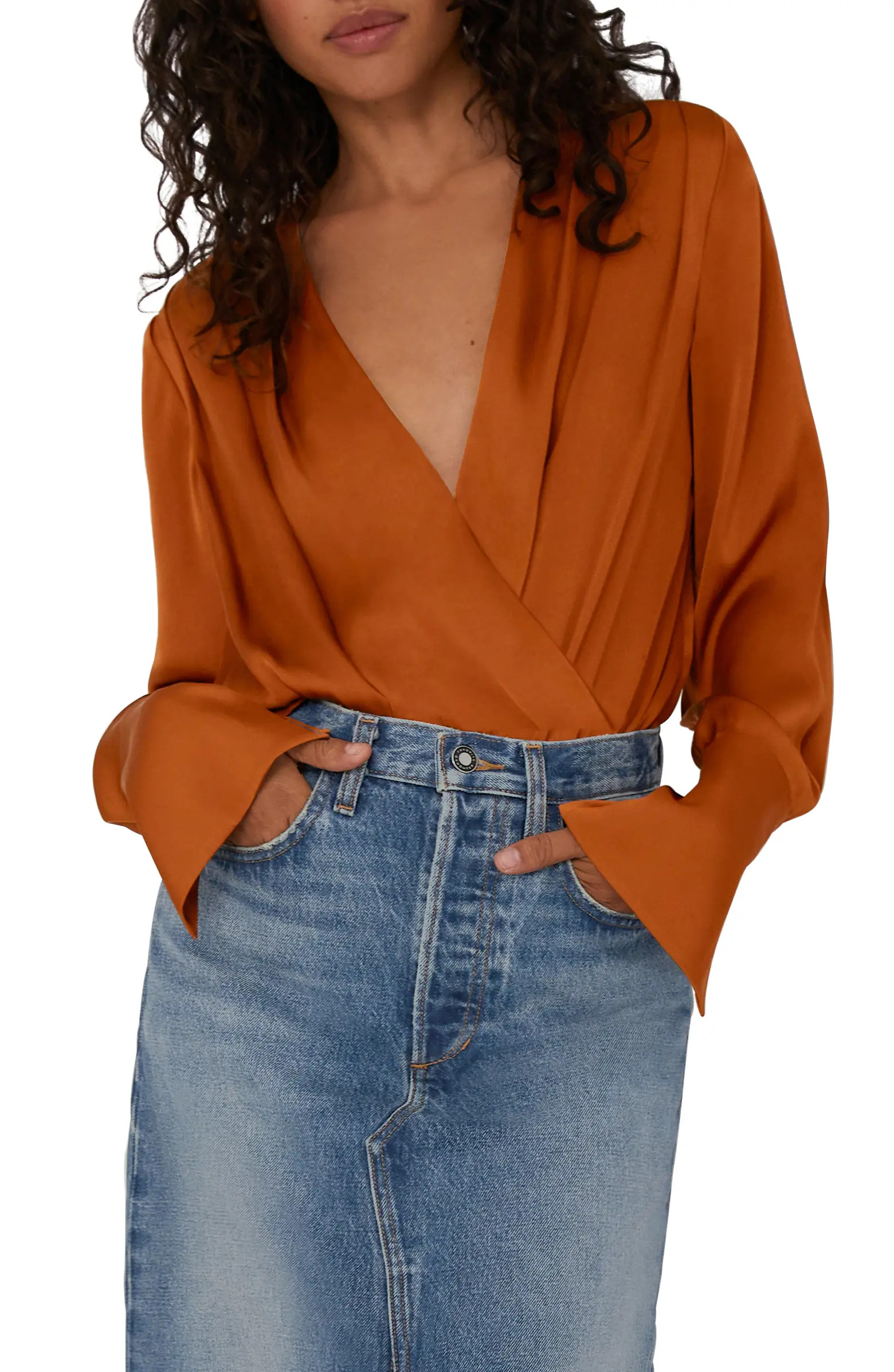 Surplice Long Sleeve Satin Bodysuit | Nordstrom