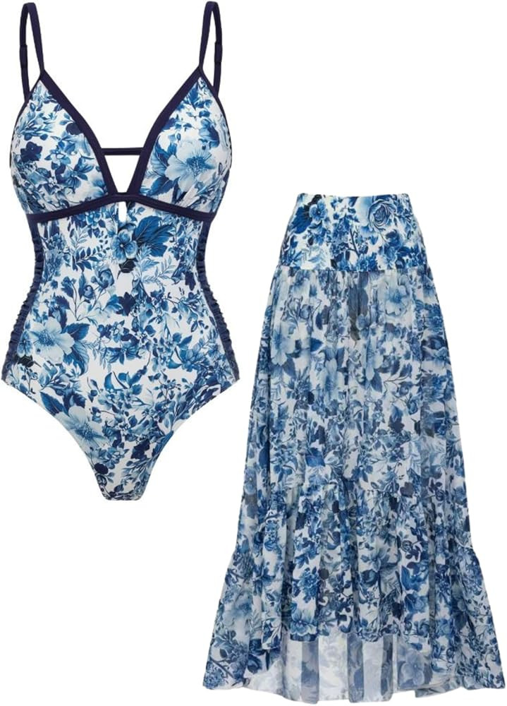 FLAXMAKER Women's Adjustable-Strap Blossom Print Bathing Suits V-Neck One Piece Swimsuit and Skir... | Amazon (US)