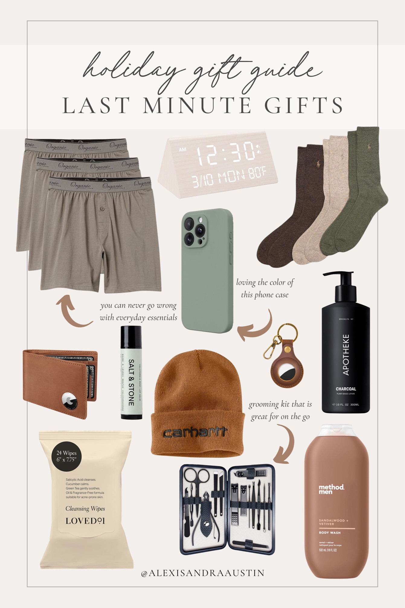 Holiday gift guide - stocking stuffers for the teen boy! Last minute gifts that will still arrive on time for Christmas.

Holiday gift guide, last minute gifts, stocking stuffers, gifts for him, essentials for him, cozy socks, neutral alarm clock, beanie, Carhartt, body wash, body lotion, apple AirTag, neutral wallet, found it on Amazon, phone case, grooming kit, neutral finds, shop the look!

#LTKSeasonal #LTKHoliday #LTKGiftGuide