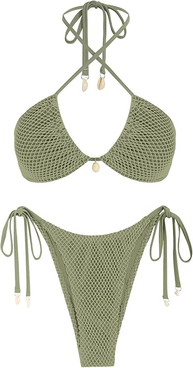 ZAFUL Women's Bikini Set Fishnet Triangle Tie Convertible Collar Halter Bandeau Shell Two Piece B... | Amazon (US)