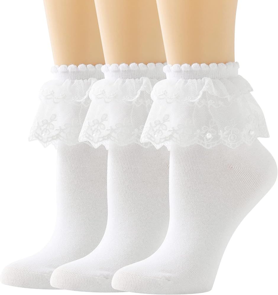 Lace Ruffle Frilly Ankle Socks for Women - Pearl Lace Socks | Amazon (US)