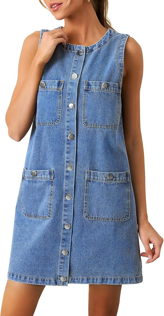Denim Dress for Women, Sleeveless Jean Dress Button Down Dresses Casual Summer Denim Mini Dresses... | Amazon (US)
