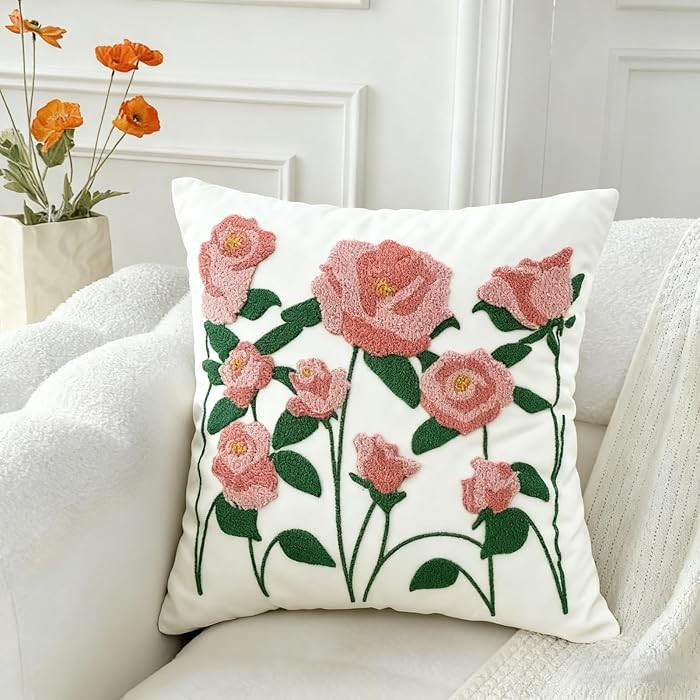 18x18 Embroidered Throw Pillow Cover – Pink Rose Cotton Decorative Cushion Cover with Hidden Zi... | Amazon (US)
