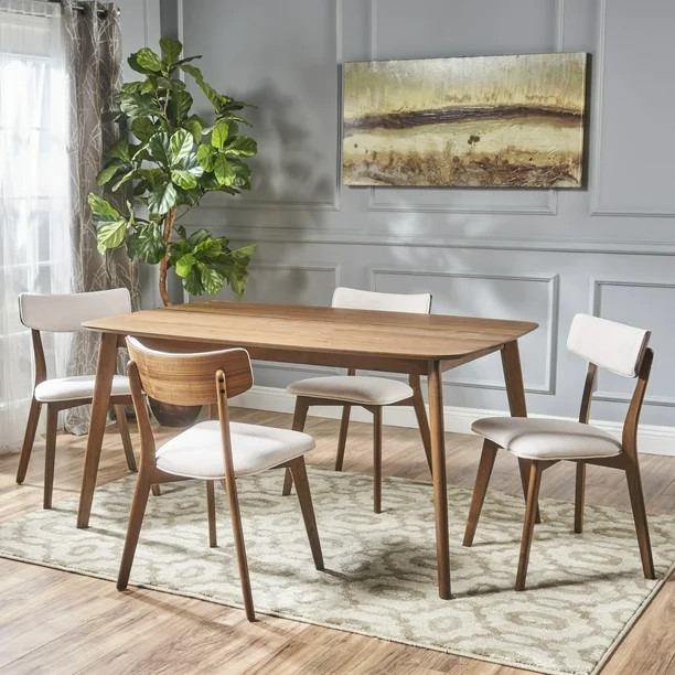 Noble House Lucca Mid Century Natural Walnut Wood Light Beige 5-Piece Dining Set | Walmart (US)