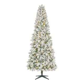 9 ft. Wesley Long Needle Pine Slim Flocked LED Pre-Lit Artificial Christmas with 550 SureBright W... | The Home Depot
