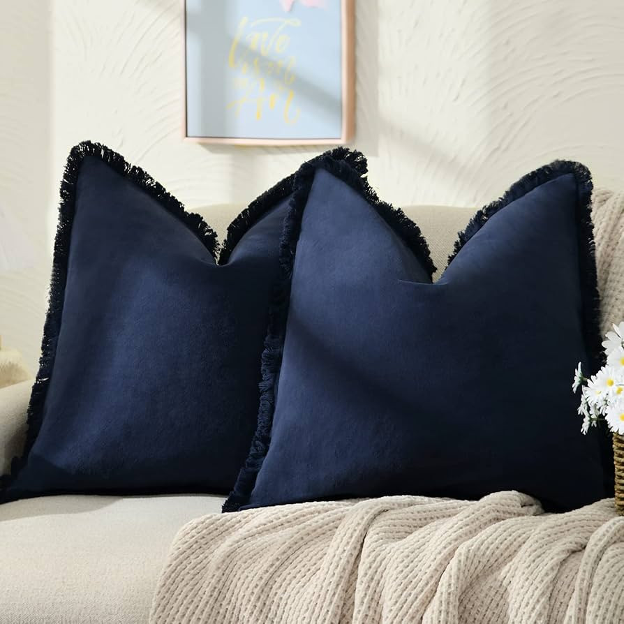 ZWJD Pillow Covers 18x18 Set of 2 Navy Throw Pillow Covers with Fringe Chic Cotton Decorative Pil... | Amazon (US)