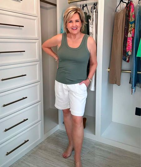 Scoop Neck Tank Size Medium | White Linen Shorts Size 8 | Clear Wedges | Amazon Finds | Women Over 40

#LTKTravel #LTKStyleTip #LTKOver40