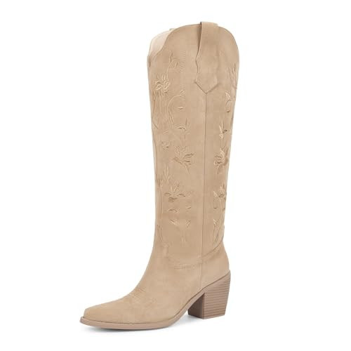 wetkiss Cowboy Boots for Women Knee High Cowgirl Boots with Pointed Toe Chunky Heel Retro Vintage Floral Embroidered Pull on Tall Western Boot (Apricot Size10) | Amazon (US)