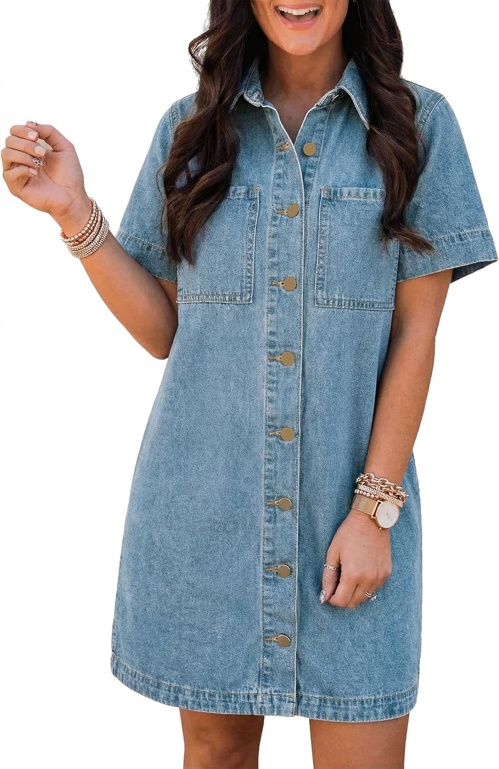 EMMIOL Button Down Denim Dress for Women - Short Sleeve Babydoll Mini Jean Shirt Dresses Summer Casual Trendy Outfits | Amazon (US)