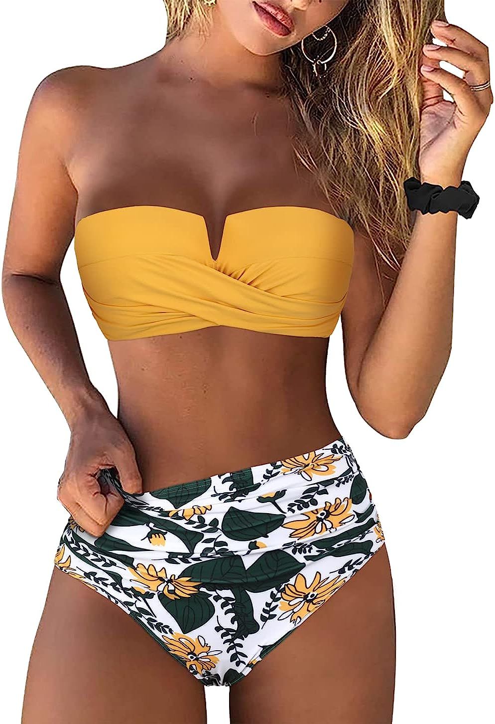 Hilor Bandeau Two Piece Bathing Suits for Women with Strap Retro High Waisted Swimsuits Sexy Push... | Amazon (US)