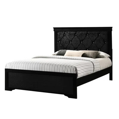 King Size Panel Bed With Upholstered Headboard And Splendid Button Tufting, Black Finish Framework Construction Contemporary Wood Support | Wayfair North America