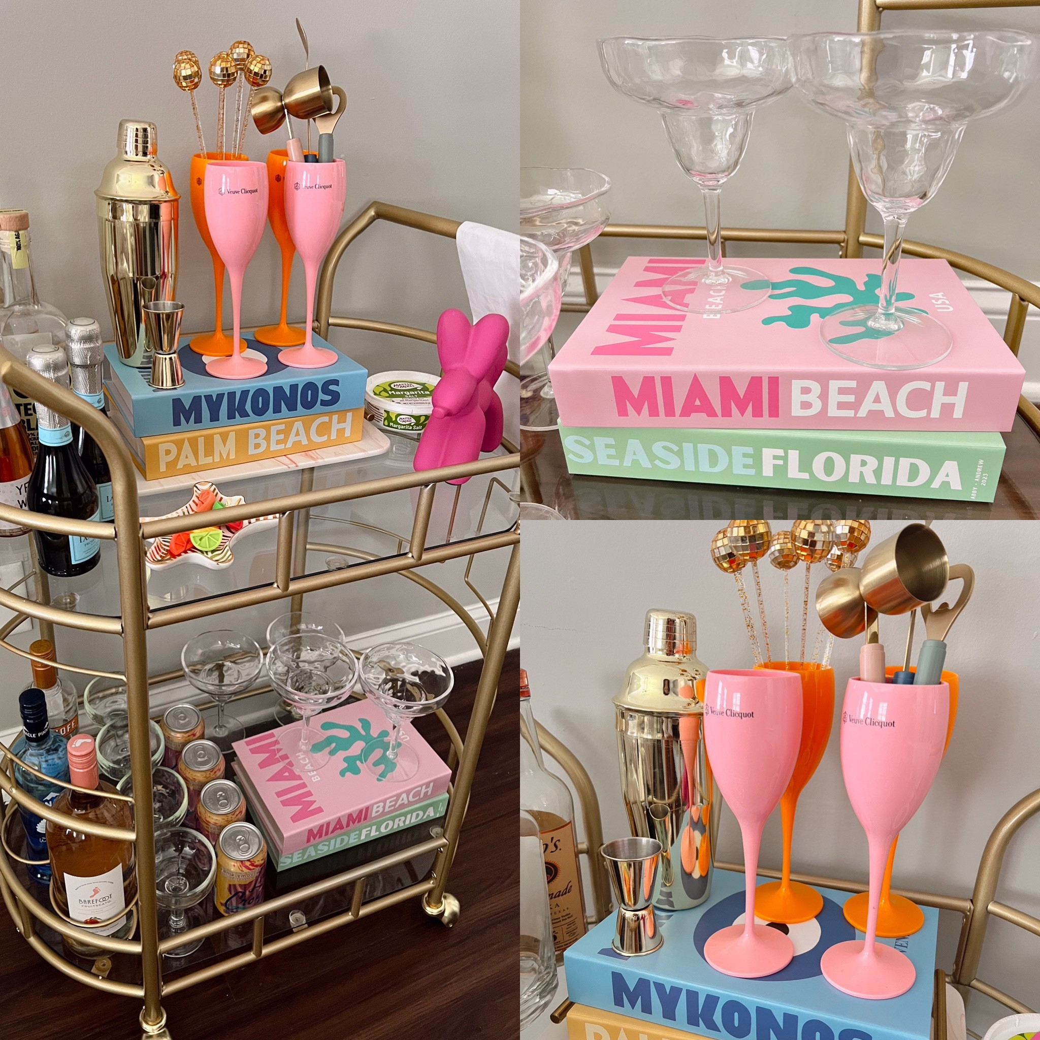 Bar cart update 🥂🩷🍹🍾 the cutest faux coffee table dupes! Colorful, college bar cart, assouline dupe, veuve, alcohol cart inspiration 

#LTKBacktoSchool #LTKhome #LTKunder100