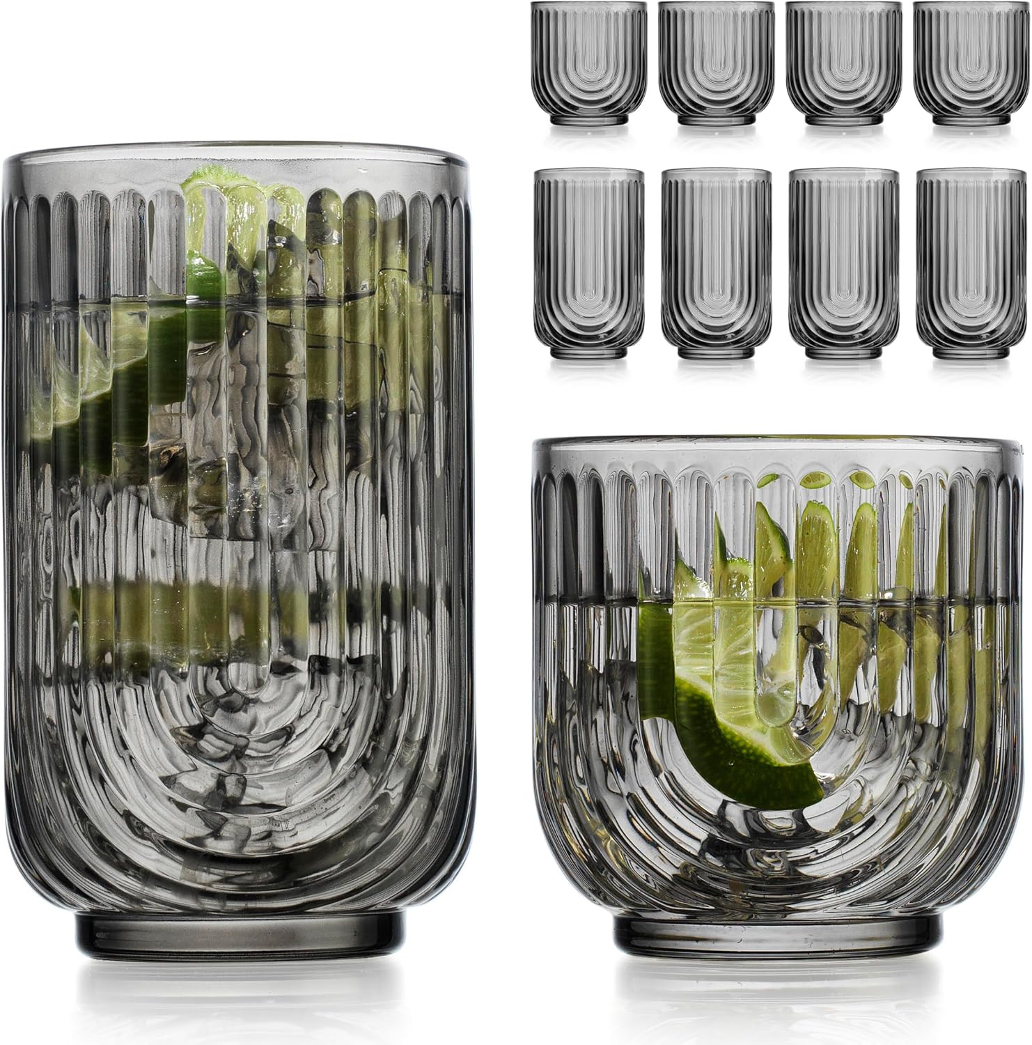 Glaver's 8 Piece Smoke Glassware Set, Art Deco Black Drinking Glasses, Ribbed U-Shape Design, 4 Highball 17oz and 4 Whiskey 11oz DOF Arch Drinkware | Amazon (US)