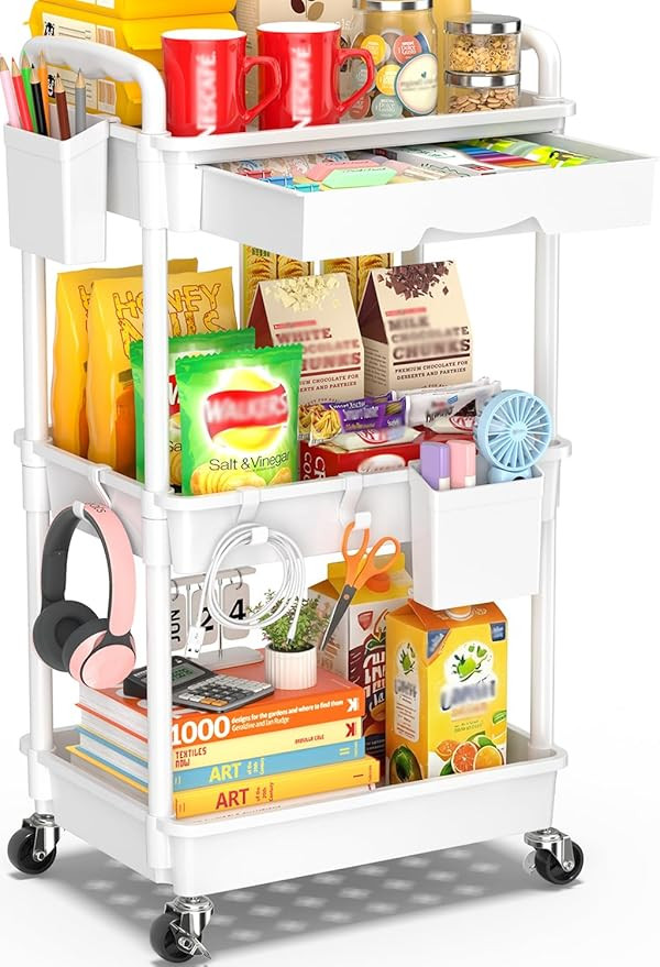 3 Tier Rolling Cart with Drawer, Bathroom Storage Organizer with 2 Lockable Wheels, Multifunction... | Amazon (US)