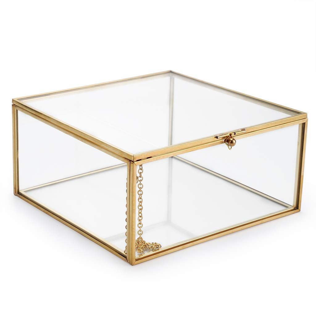 Hipiwe Vintage Glass Jewelry Organizer Box - Golden Metal Keepsake Box Desktop Jewelry Organizer Hol | Amazon (US)