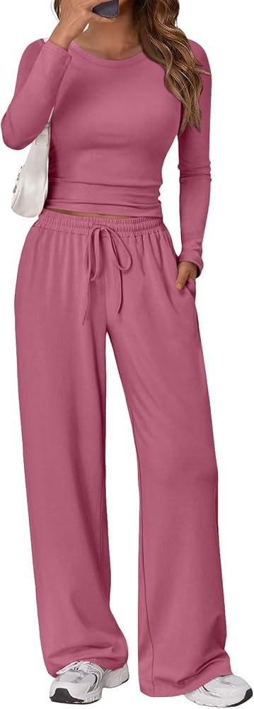 Trendy Queen Women's 2 Piece Matching Lounge Set Long Sleeve Slightly Crop Top Wide Leg Pants Cas... | Amazon (US)