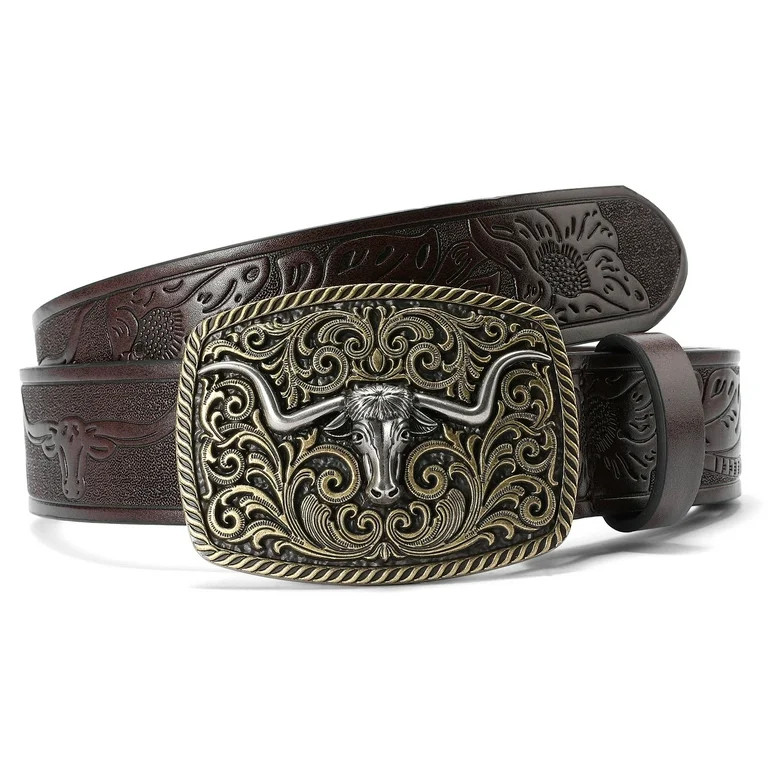 SENDEFN Western Cowboy Belt for Men Women Longhorn Bull Buckle Belts Floral Engraved Embossed Pat... | Walmart (US)
