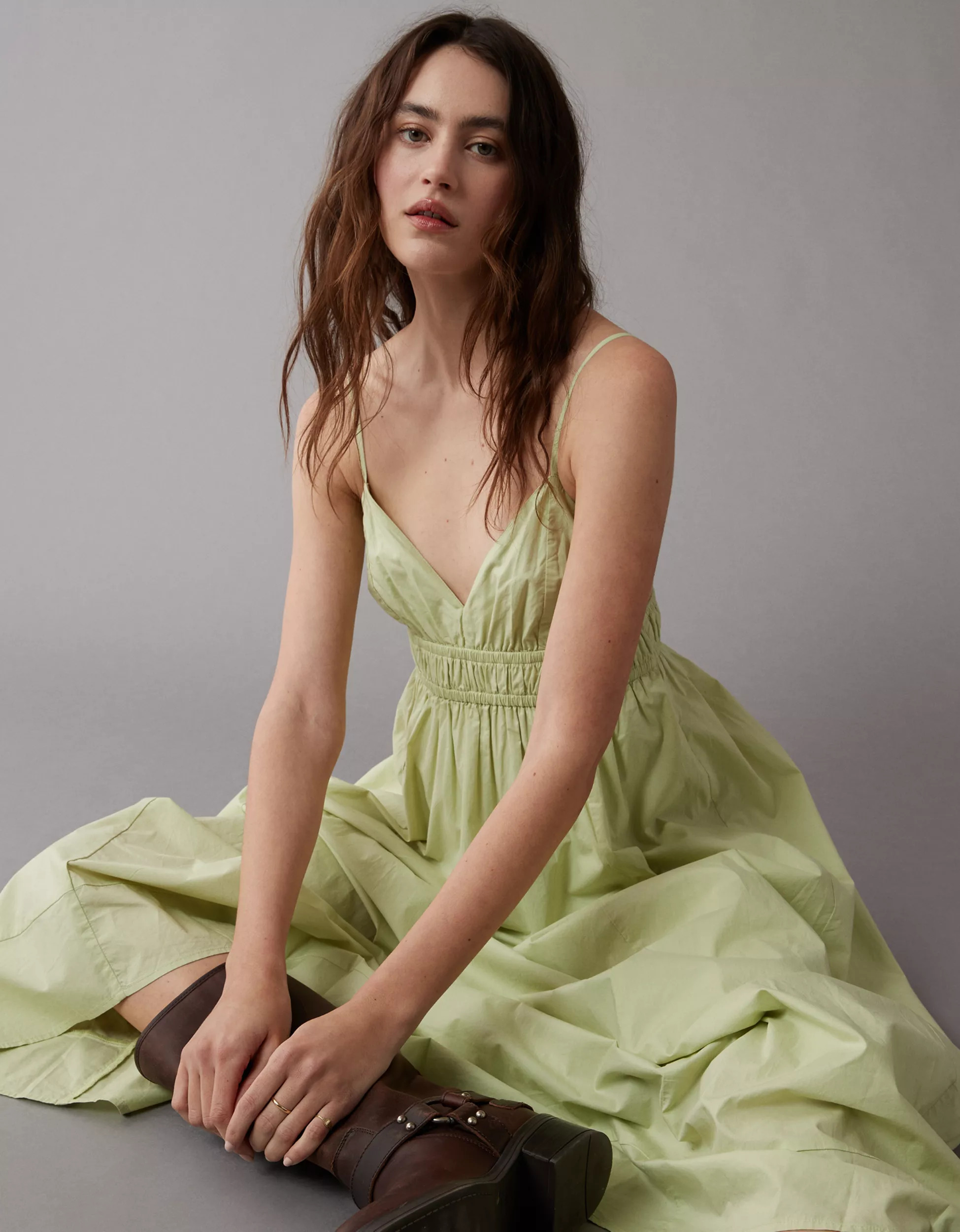 AE Poplin V-Neck Midi Dress | American Eagle Outfitters (US & CA)